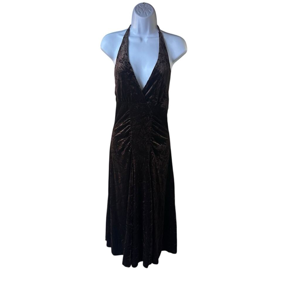 Georgiou Studio Brown Crushed Velvet Halter Dress Deep V Neck Midi 90s Y2K L